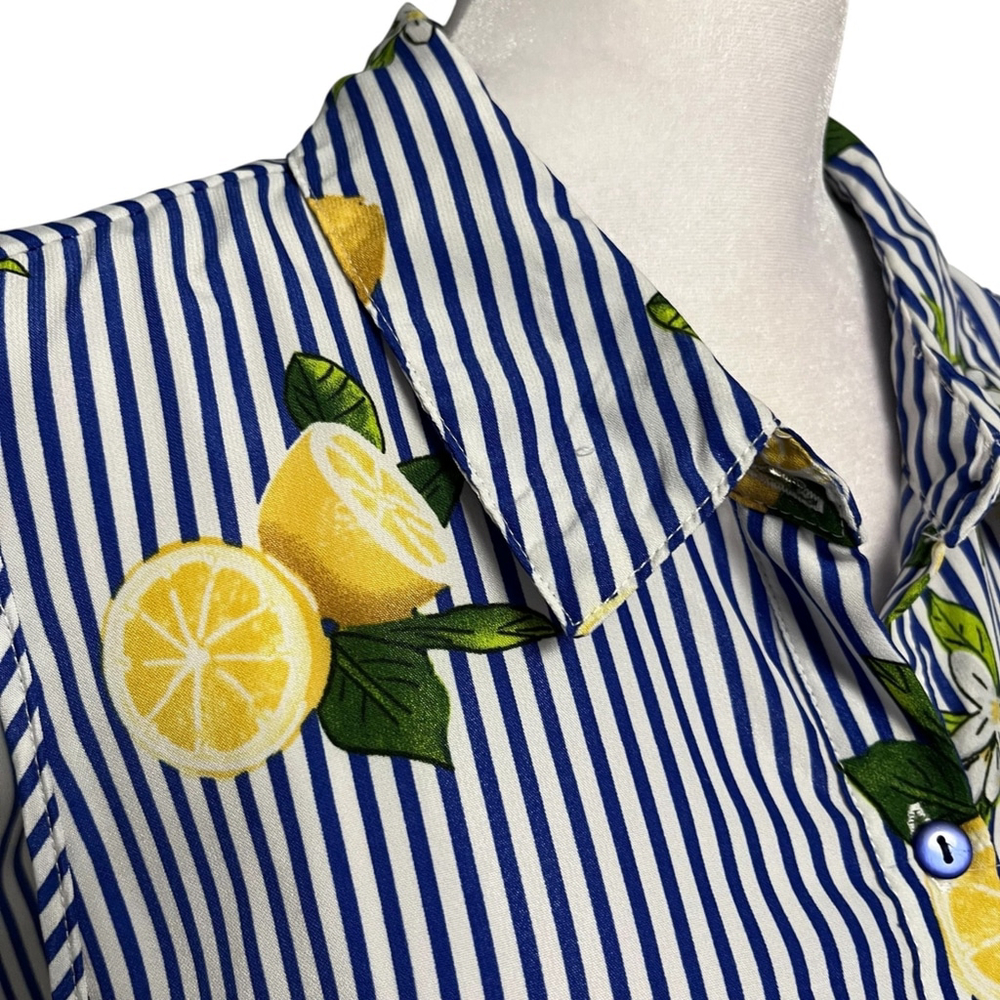 Mlle Gabrielle Blue Striped Lemon Print Button Down Shirt Maxi Dress Size XL - Picture 4 of 7